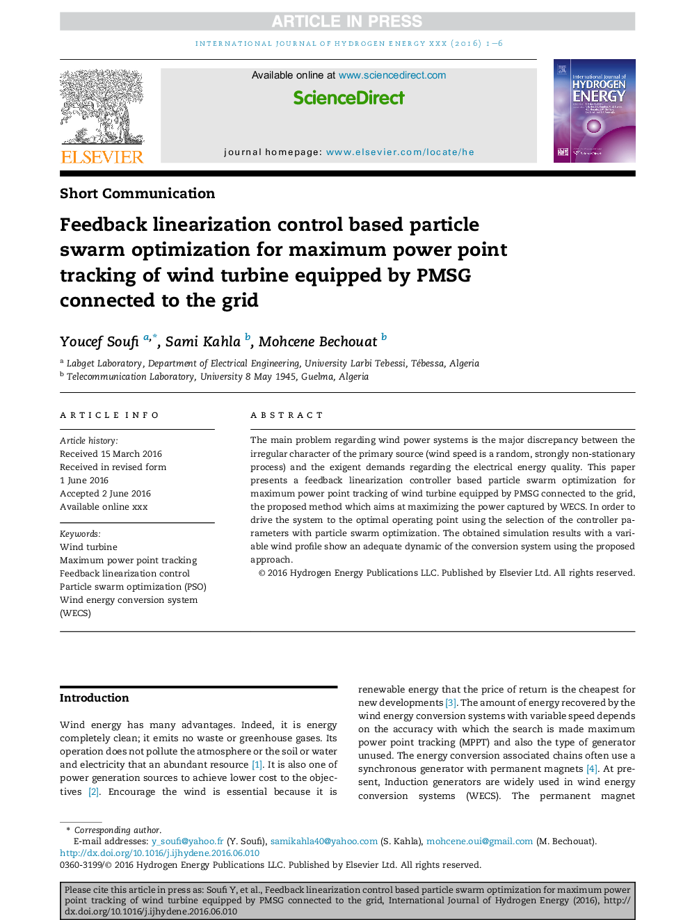 Feedback linearization control based particle swarm optimization for maximum power point tracking of wind turbine equipped by PMSG connected to the grid