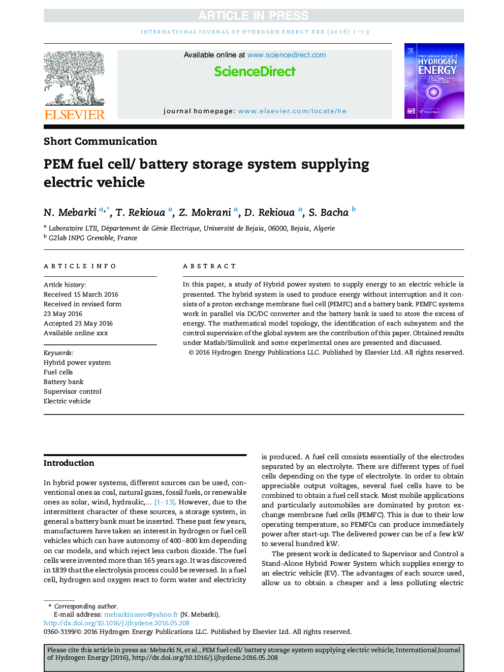 PEM fuel cell/ battery storage system supplying electric vehicle