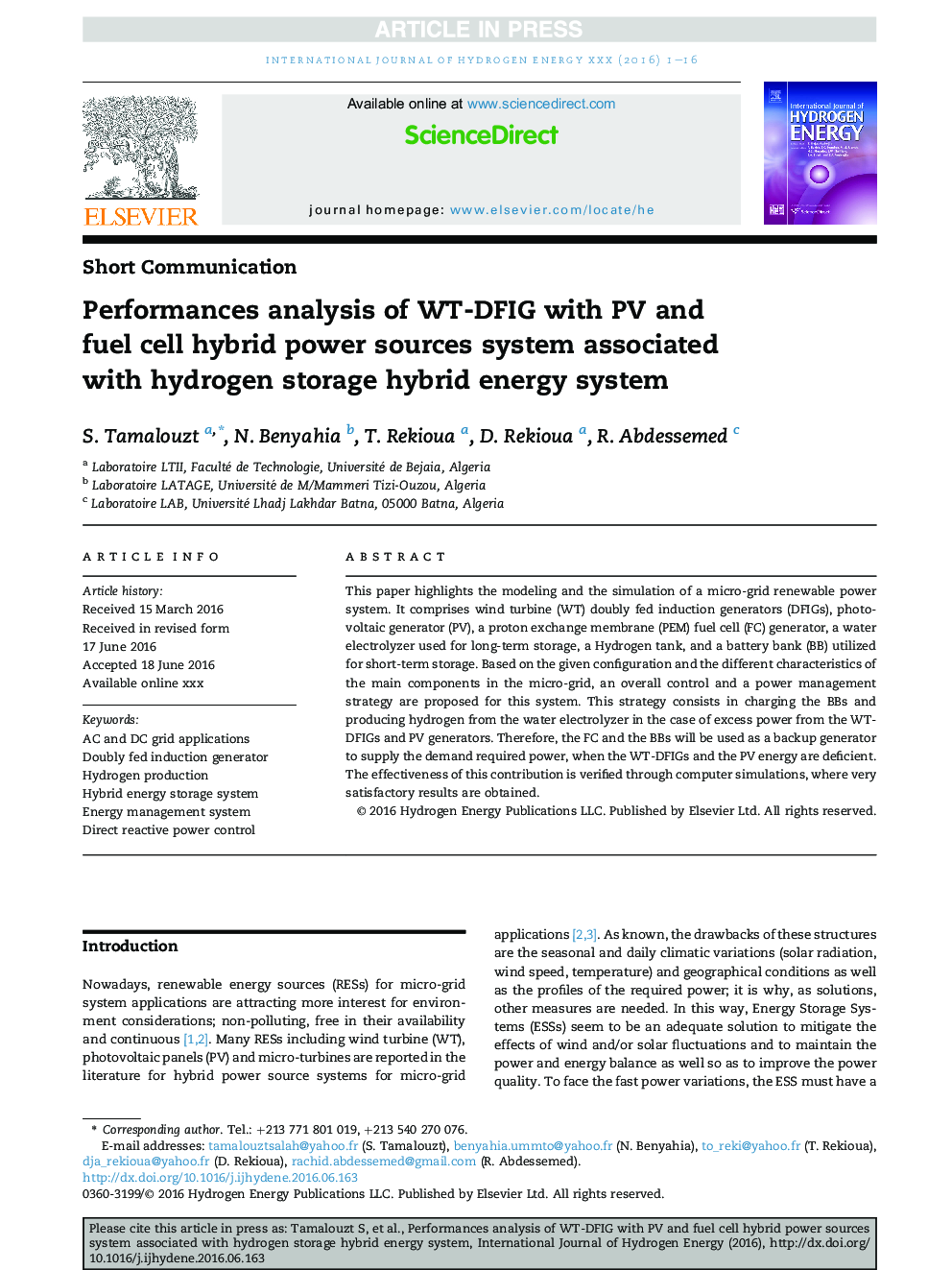 Performances analysis of WT-DFIG with PV and fuel cell hybrid power sources system associated with hydrogen storage hybrid energy system