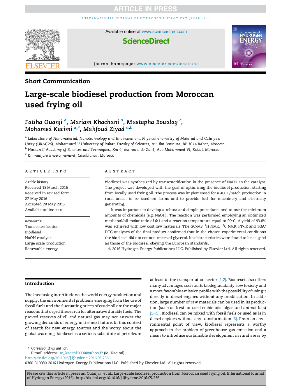 Large-scale biodiesel production from Moroccan used frying oil