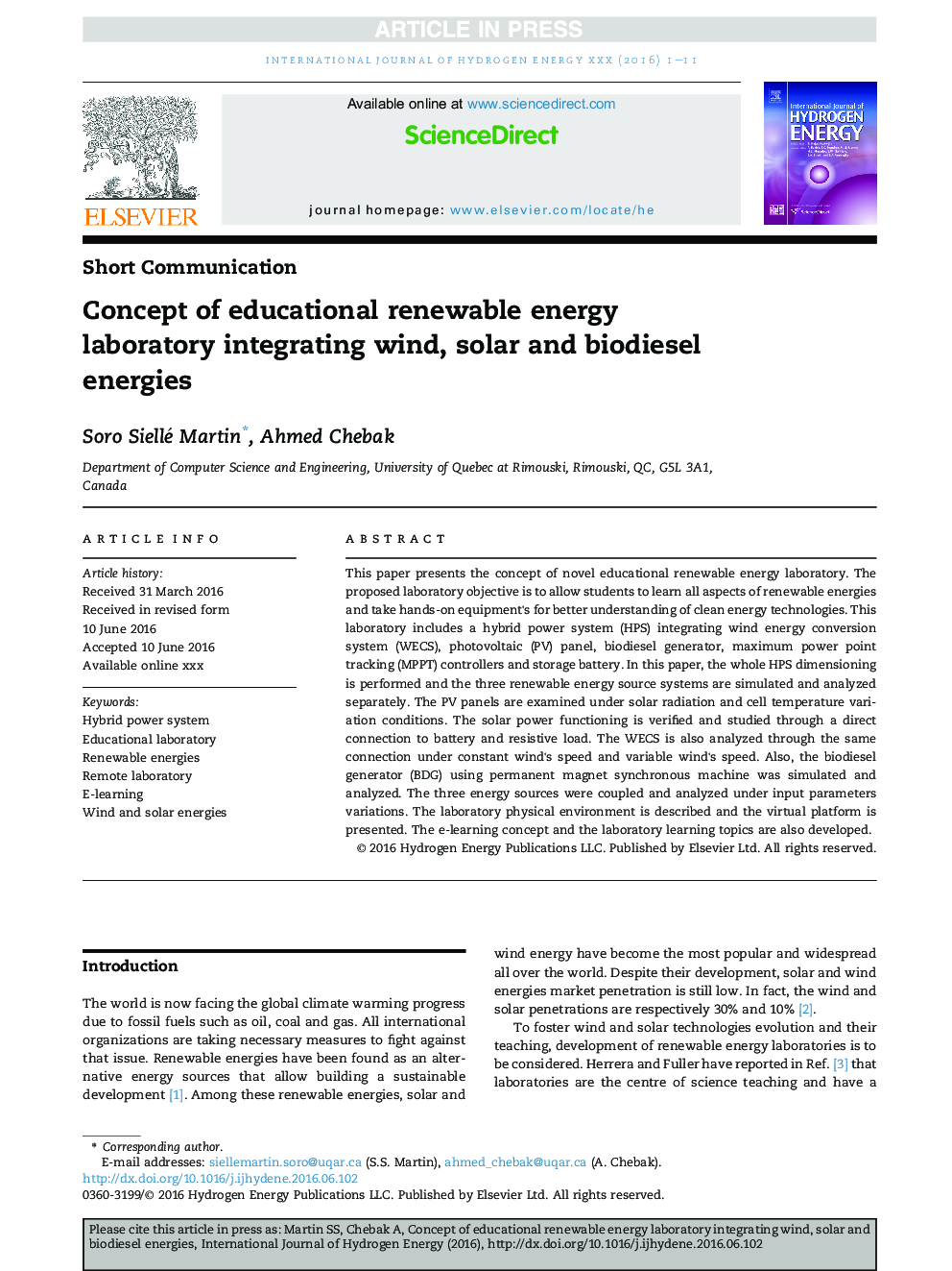 Concept of educational renewable energy laboratory integrating wind, solar and biodiesel energies