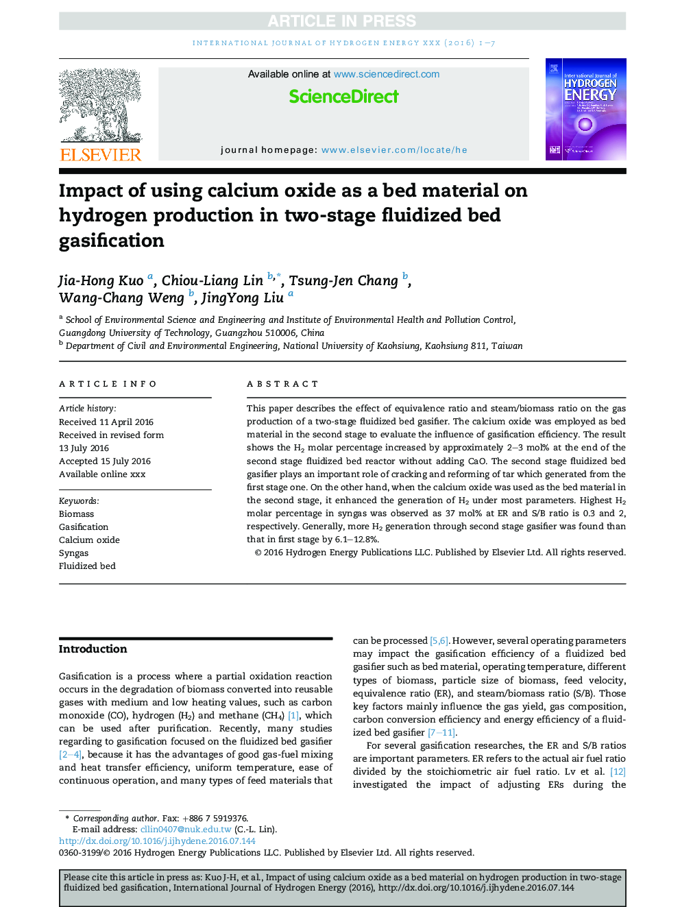 Impact of using calcium oxide as a bed material on hydrogen production in two-stage fluidized bed gasification