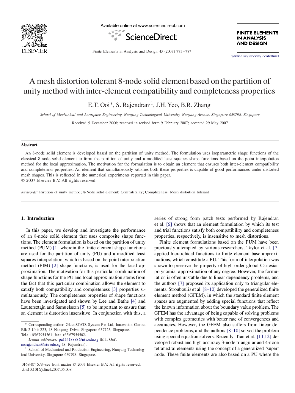 A mesh distortion tolerant 8-node solid element based on the partition of unity method with inter-element compatibility and completeness properties