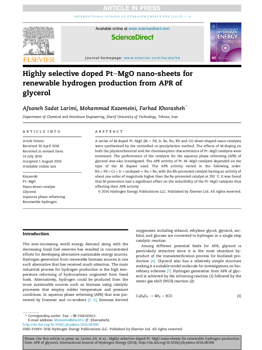 Highly selective doped PtMgO nano-sheets for renewable hydrogen production from APR of glycerol