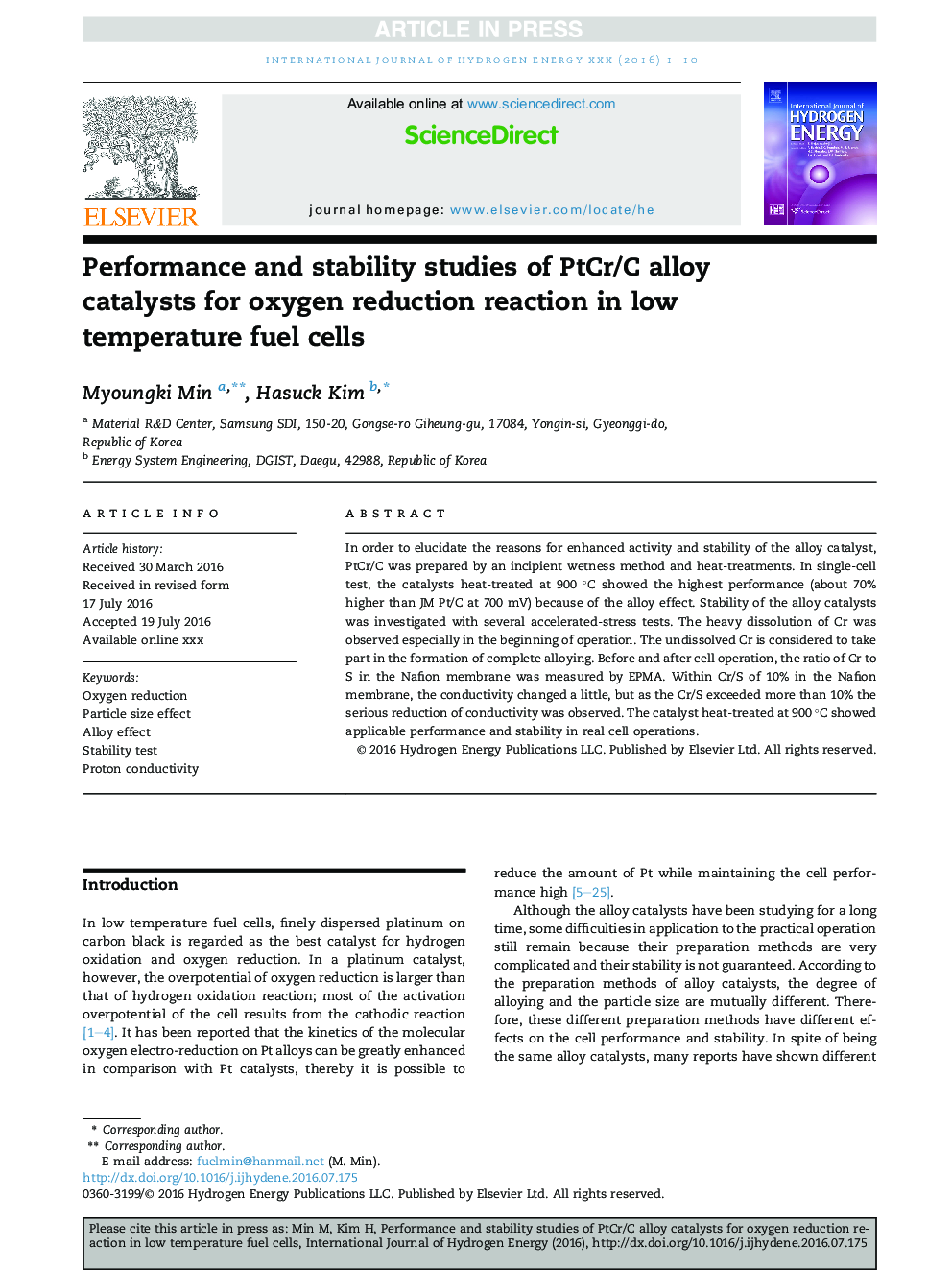 Performance and stability studies of PtCr/C alloy catalysts for oxygen reduction reaction in low temperature fuel cells