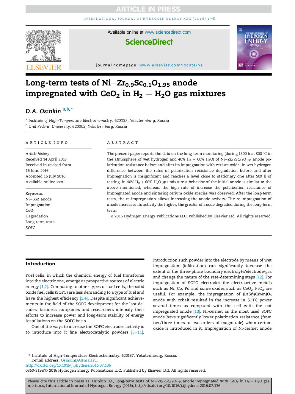 Long-term tests of Ni-Zr0.9Sc0.1O1.95 anode impregnated with CeO2 in H2Â +Â H2O gas mixtures