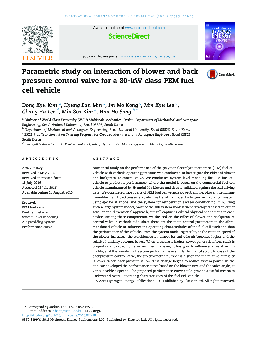 Parametric study on interaction of blower and back pressure control valve for a 80-kW class PEM fuel cell vehicle