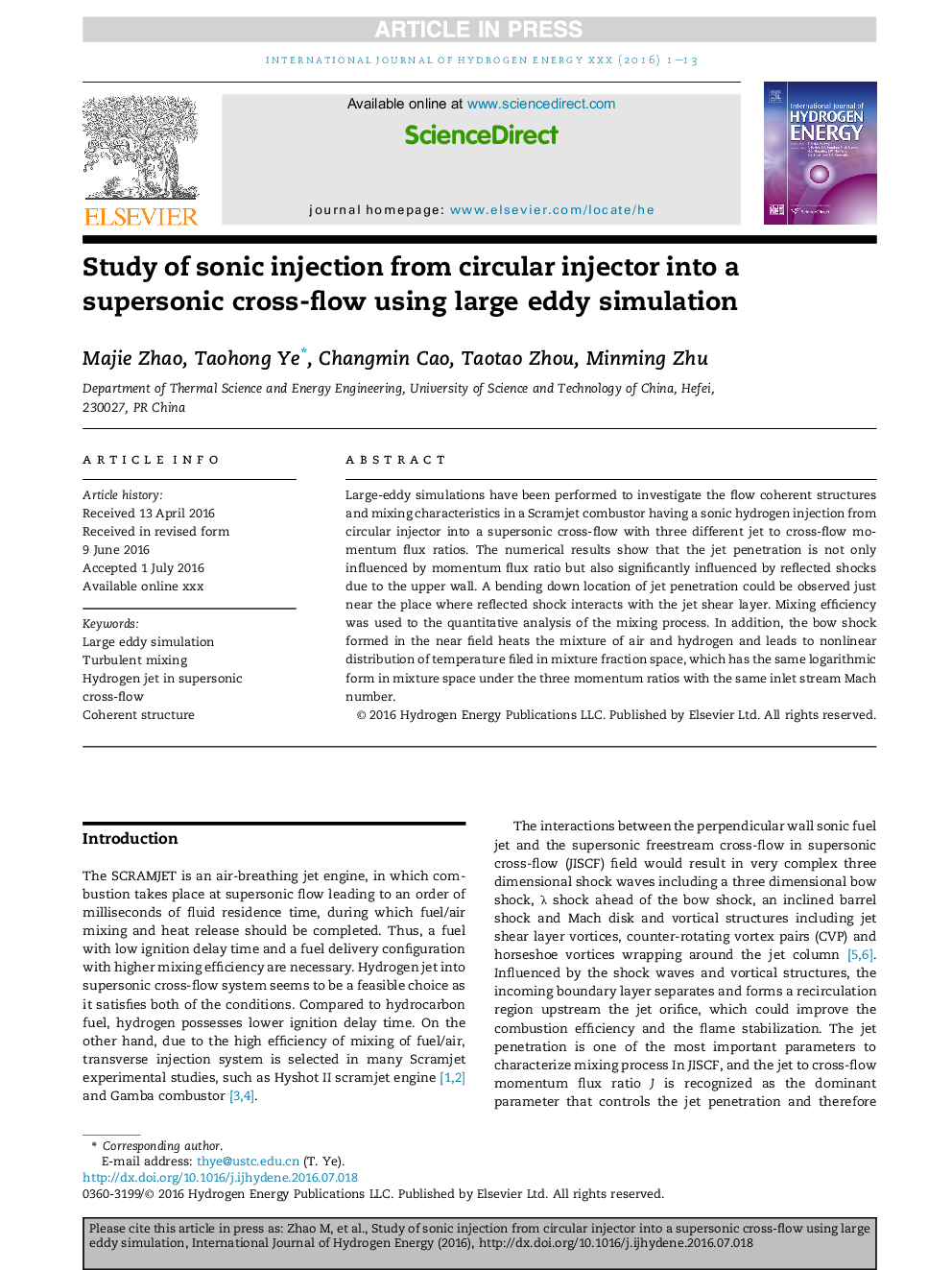 Study of sonic injection from circular injector into a supersonic cross-flow using large eddy simulation