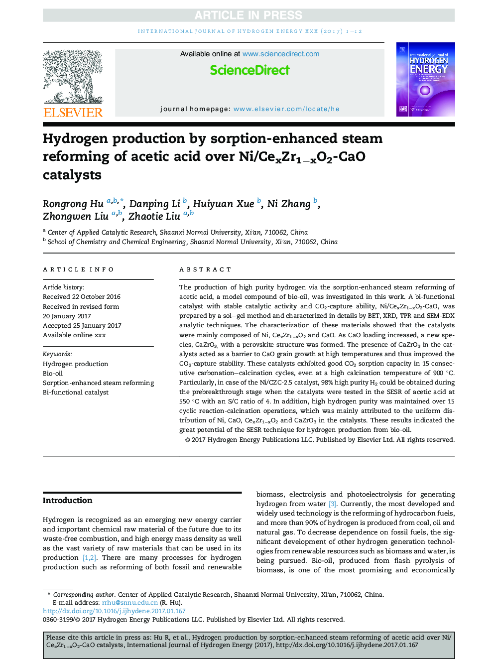 Hydrogen production by sorption-enhanced steam reforming of acetic acid over Ni/CexZr1âxO2-CaO catalysts