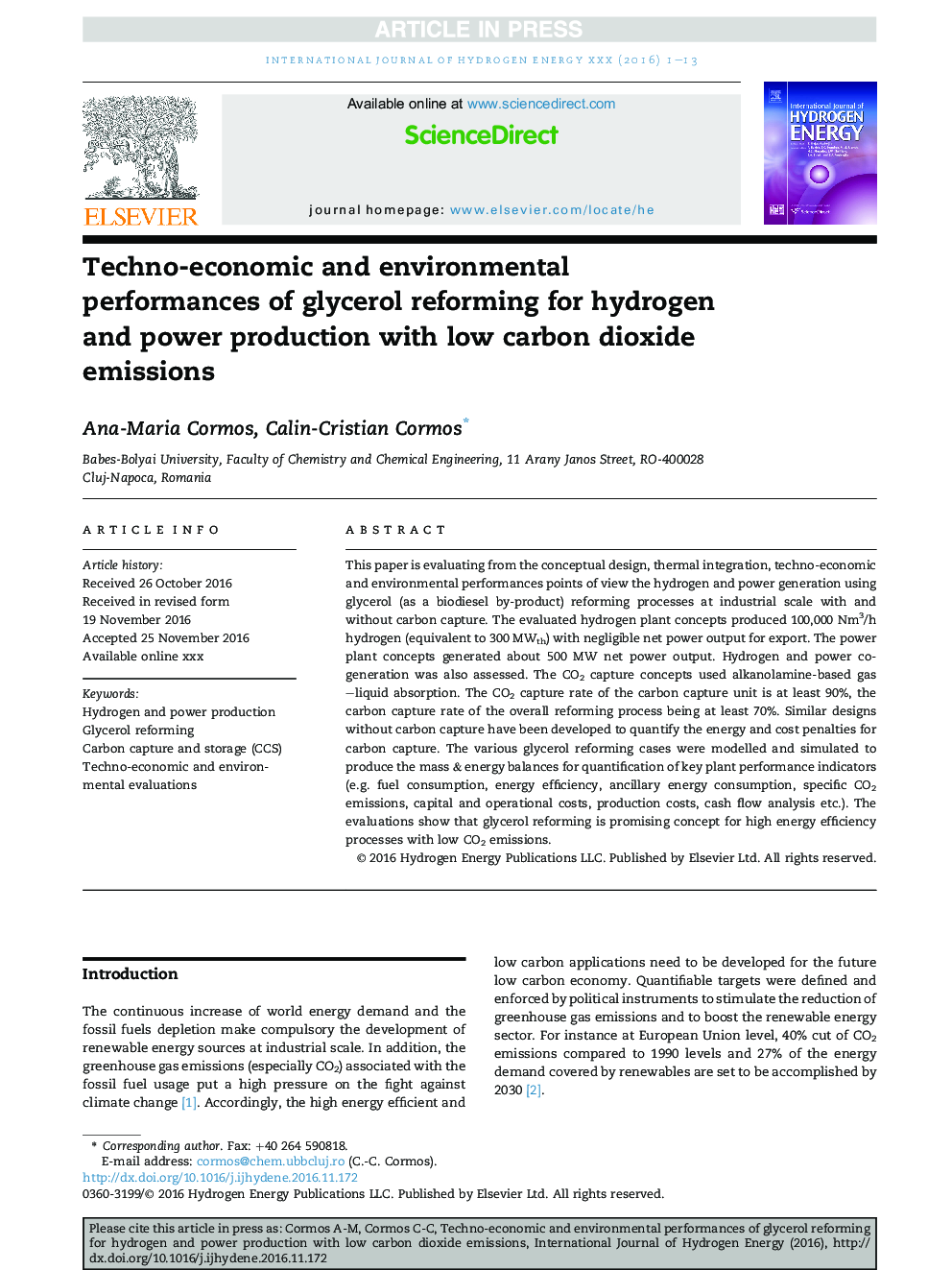 Techno-economic and environmental performances of glycerol reforming for hydrogen and power production with low carbon dioxide emissions
