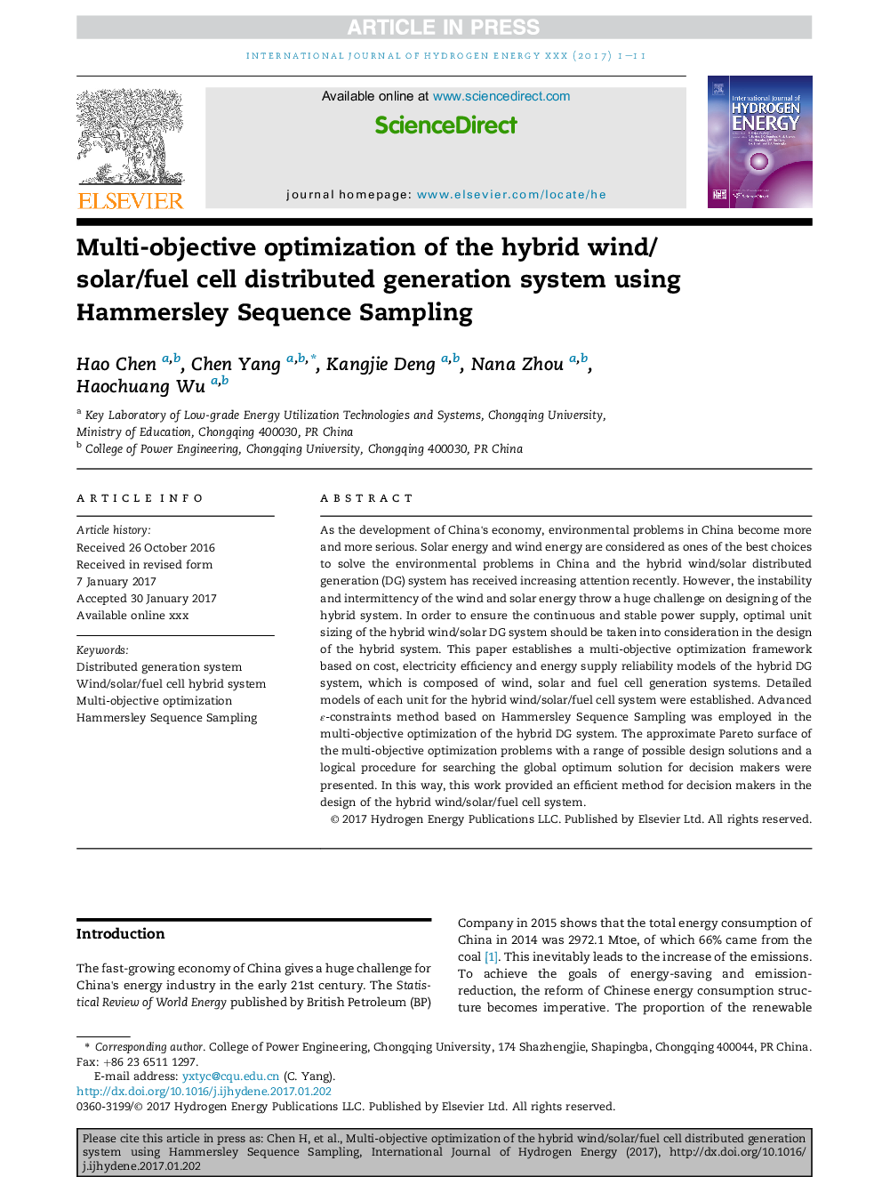 Multi-objective optimization of the hybrid wind/solar/fuel cell distributed generation system using Hammersley Sequence Sampling