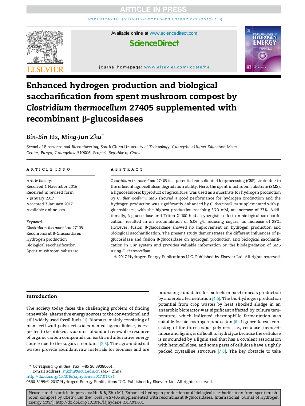 Enhanced hydrogen production and biological saccharification from spent mushroom compost by Clostridium thermocellum 27405 supplemented with recombinant Î²-glucosidases