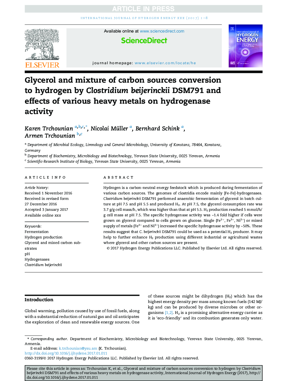 Glycerol and mixture of carbon sources conversion to hydrogen by Clostridium beijerinckii DSM791 and effects of various heavy metals on hydrogenase activity