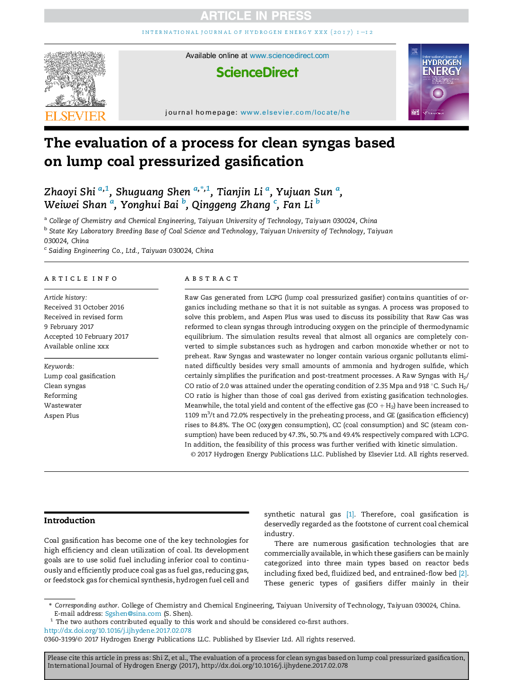 The evaluation of a process for clean syngas based on lump coal pressurized gasification