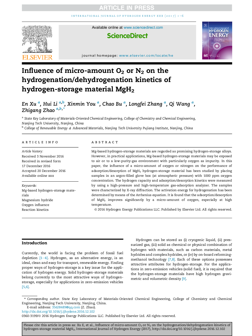 Influence of micro-amount O2 or N2 on the hydrogenation/dehydrogenation kinetics of hydrogen-storage material MgH2