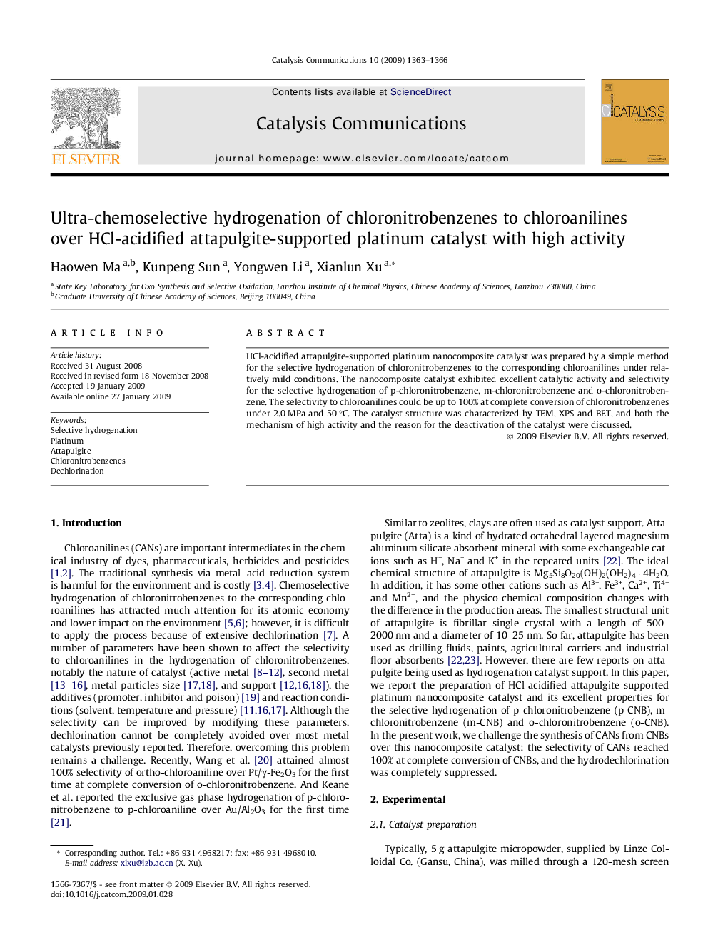 Ultra-chemoselective hydrogenation of chloronitrobenzenes to chloroanilines over HCl-acidified attapulgite-supported platinum catalyst with high activity