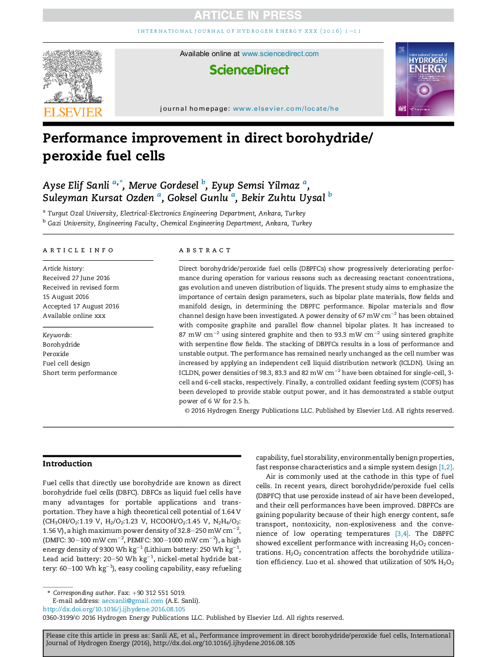 Performance improvement in direct borohydride/peroxide fuel cells