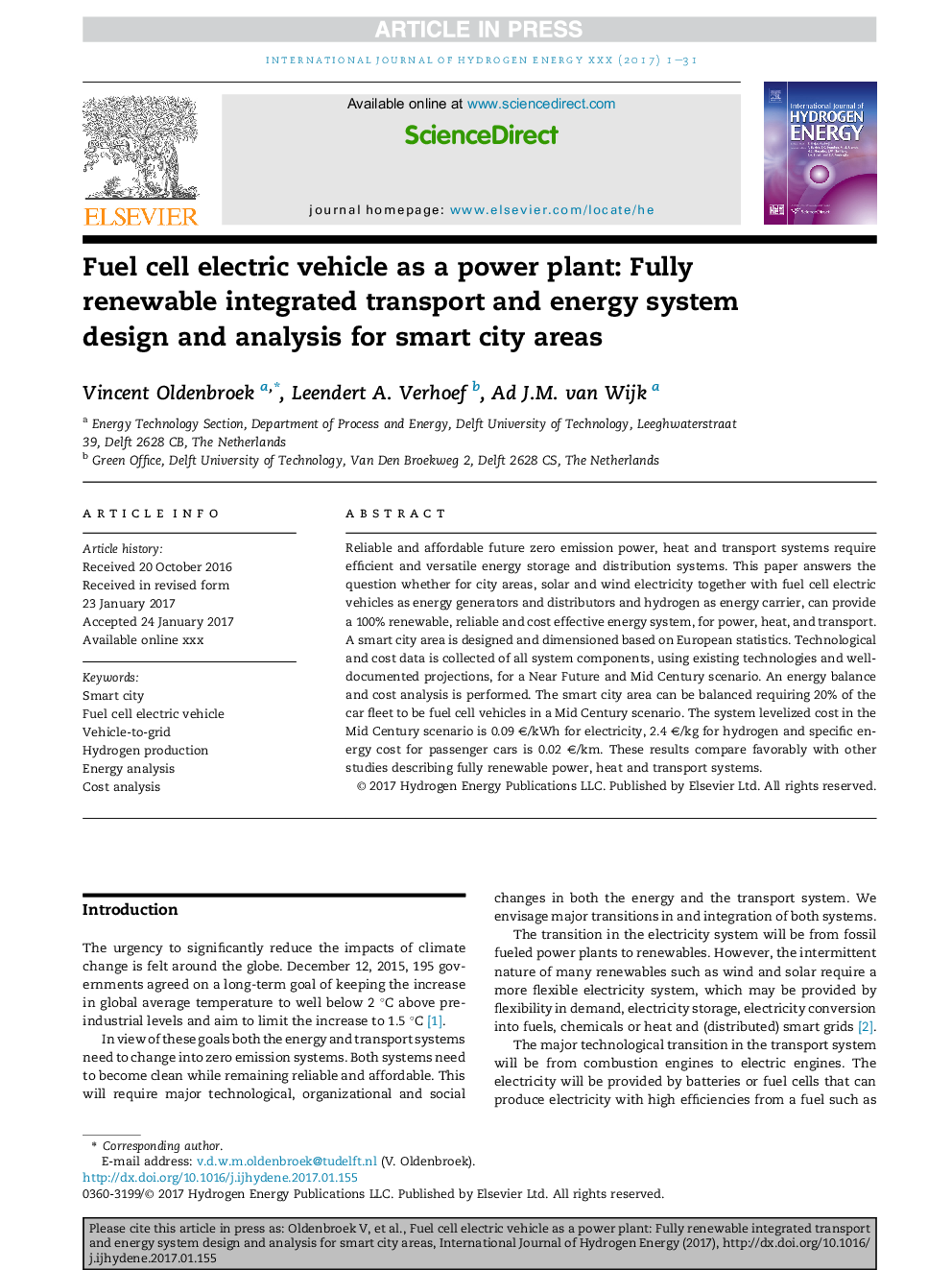 Fuel cell electric vehicle as a power plant: Fully renewable integrated transport and energy system design and analysis for smart city areas