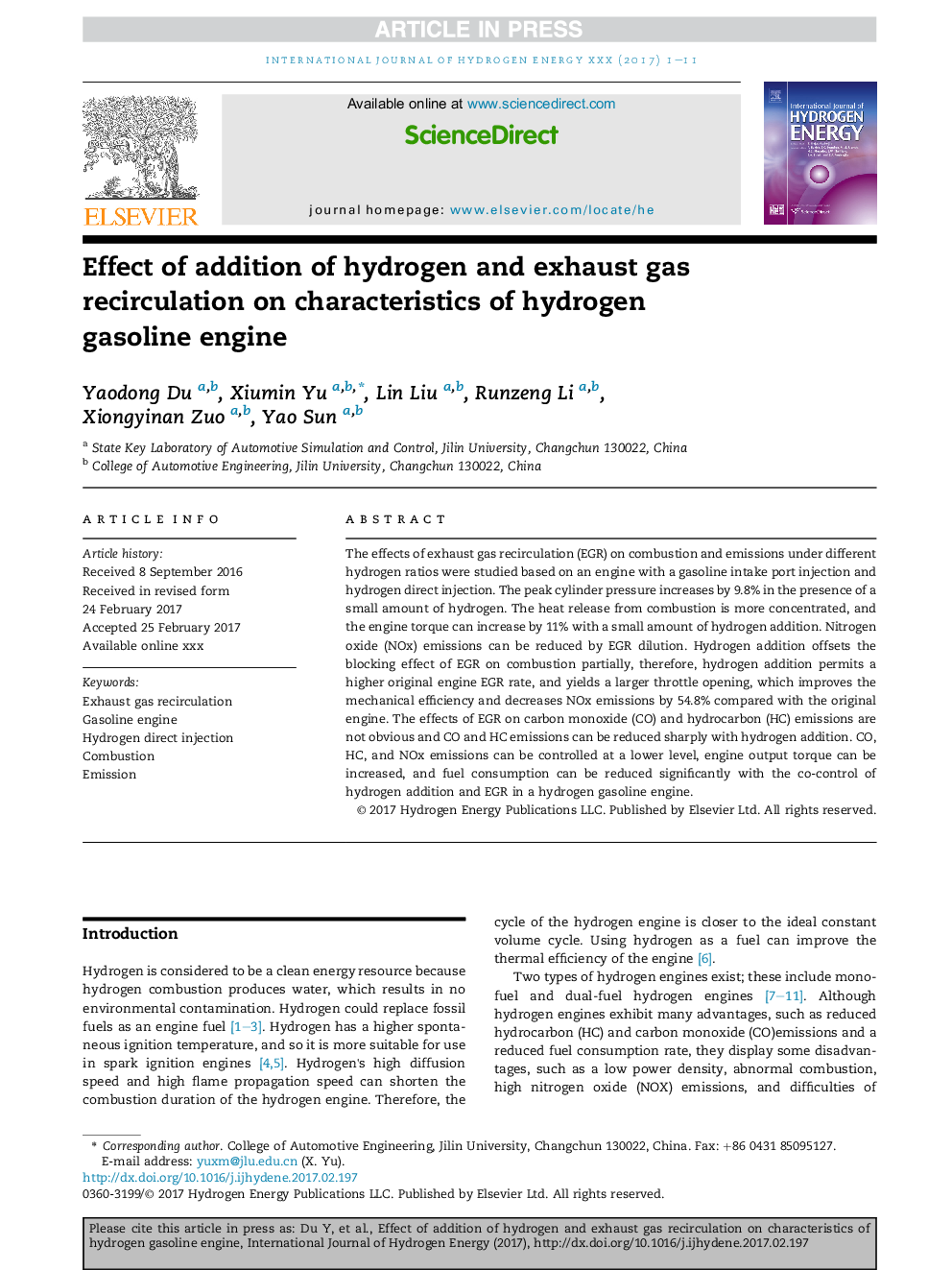 Effect of addition of hydrogen and exhaust gas recirculation on characteristics of hydrogen gasoline engine