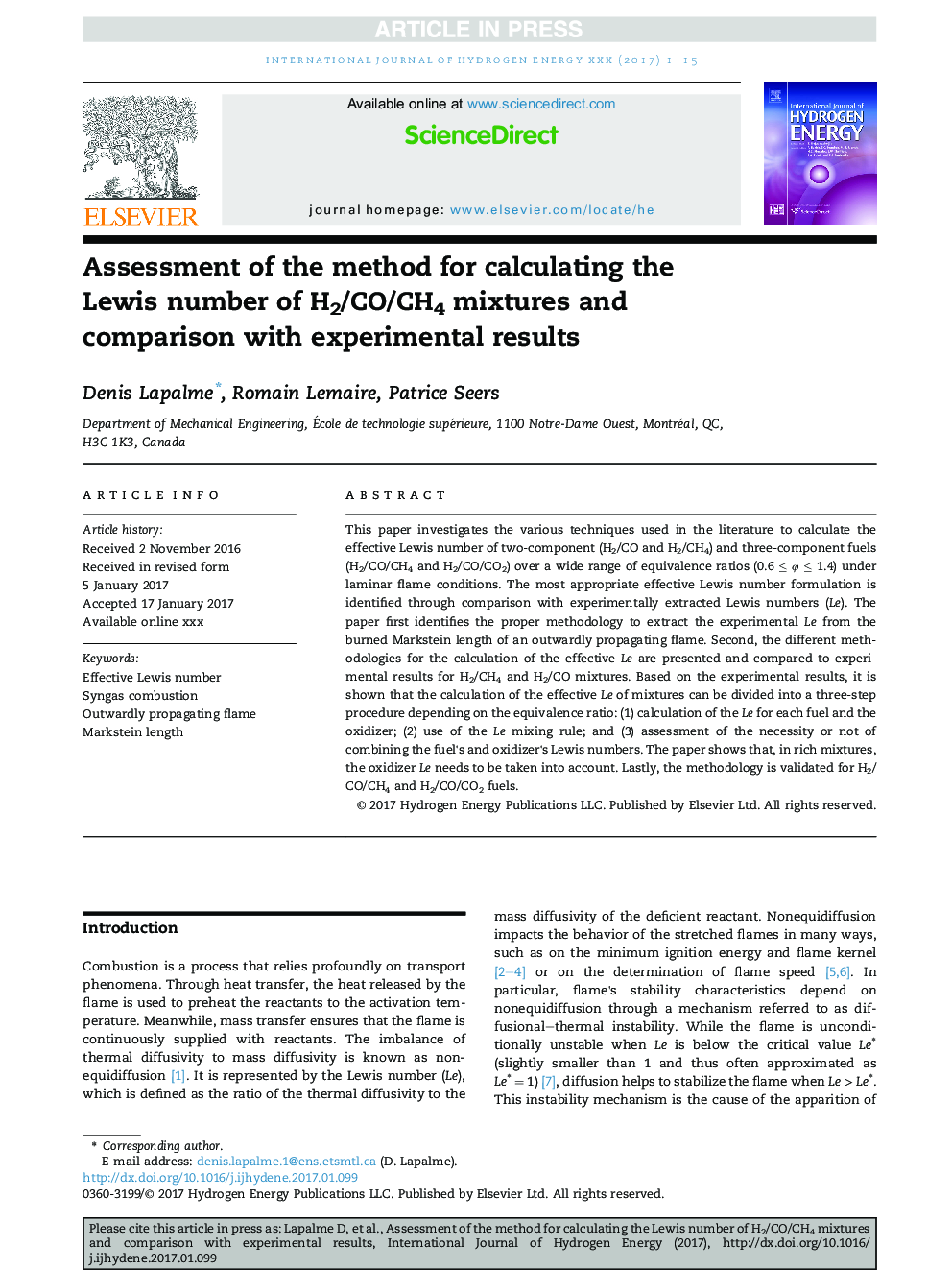 Assessment of the method for calculating the Lewis number of H2/CO/CH4 mixtures and comparison with experimental results