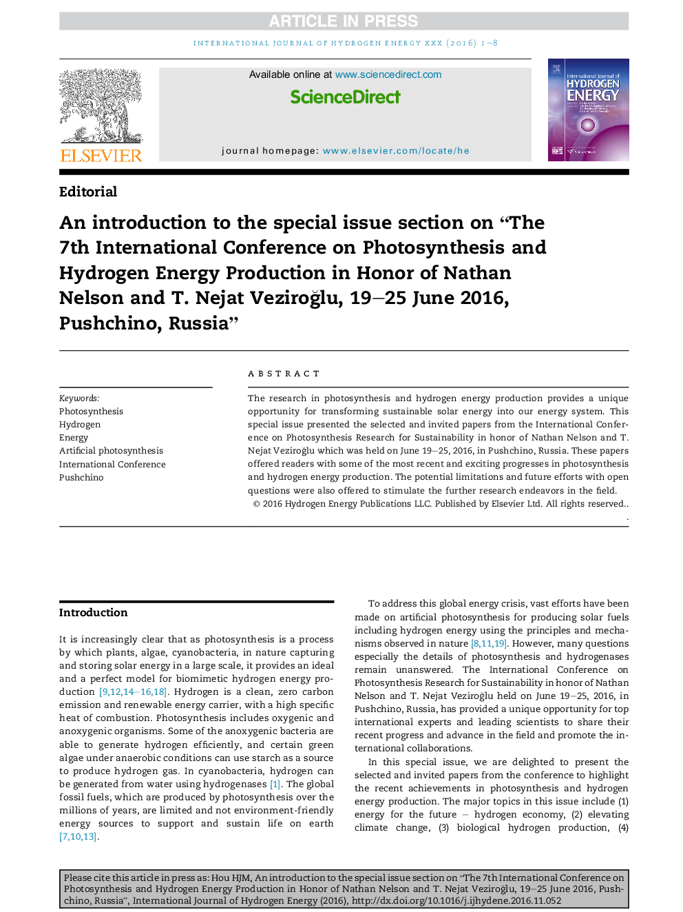 An introduction to the special issue section on “The 7th International Conference on Photosynthesis and Hydrogen Energy Production in Honor of Nathan Nelson and T. Nejat VeziroÄlu, 19-25 June 2016, Pushchino, Russia”