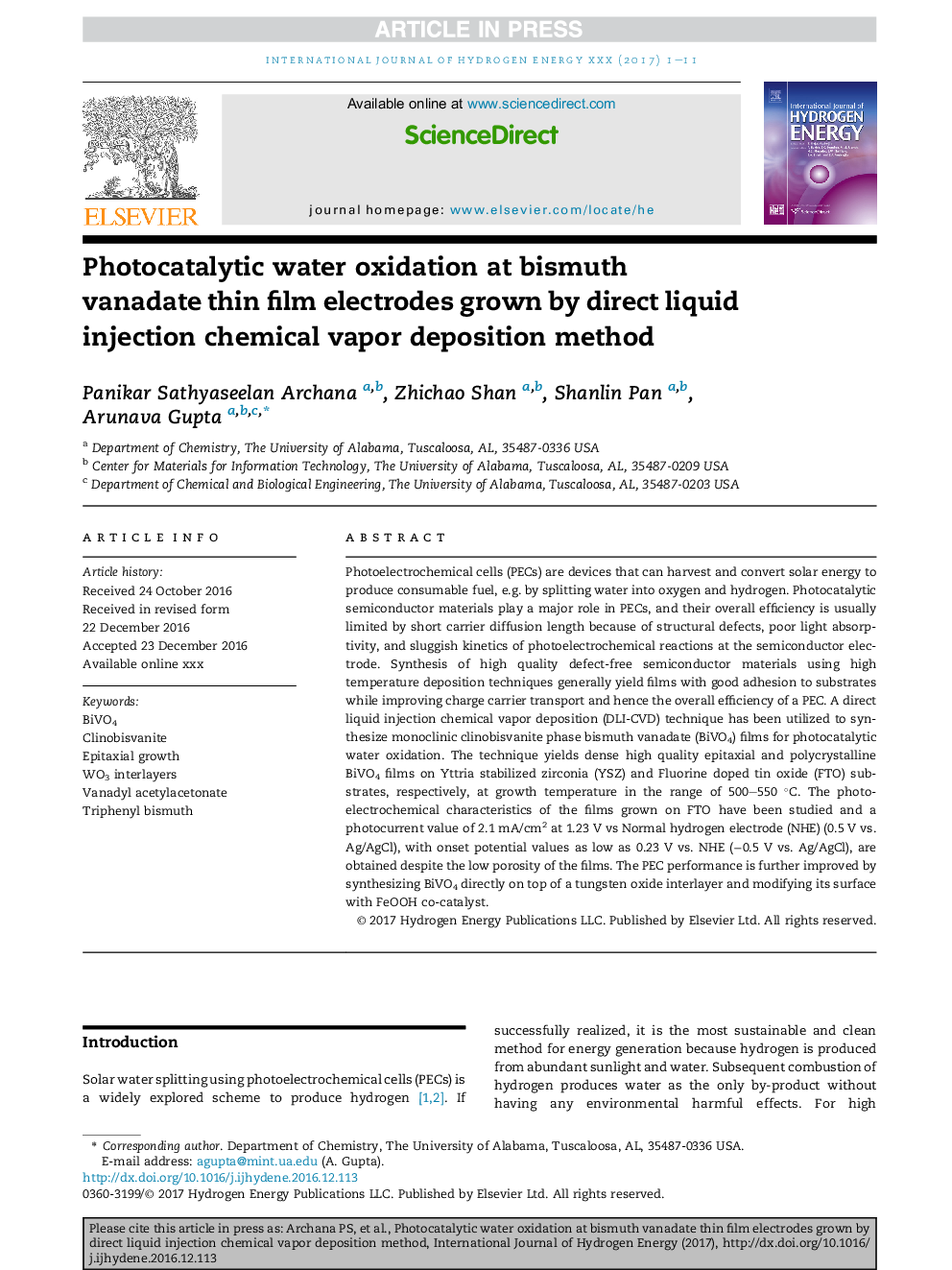 Photocatalytic water oxidation at bismuth vanadate thin film electrodes grown by direct liquid injection chemical vapor deposition method