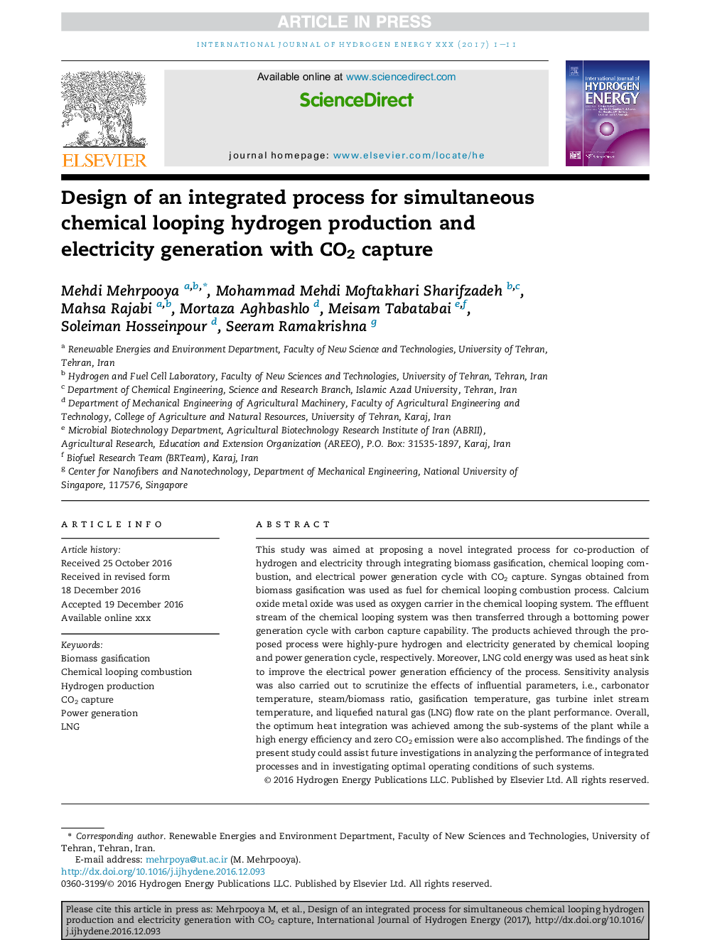 Design of an integrated process for simultaneous chemical looping hydrogen production and electricity generation with CO2 capture