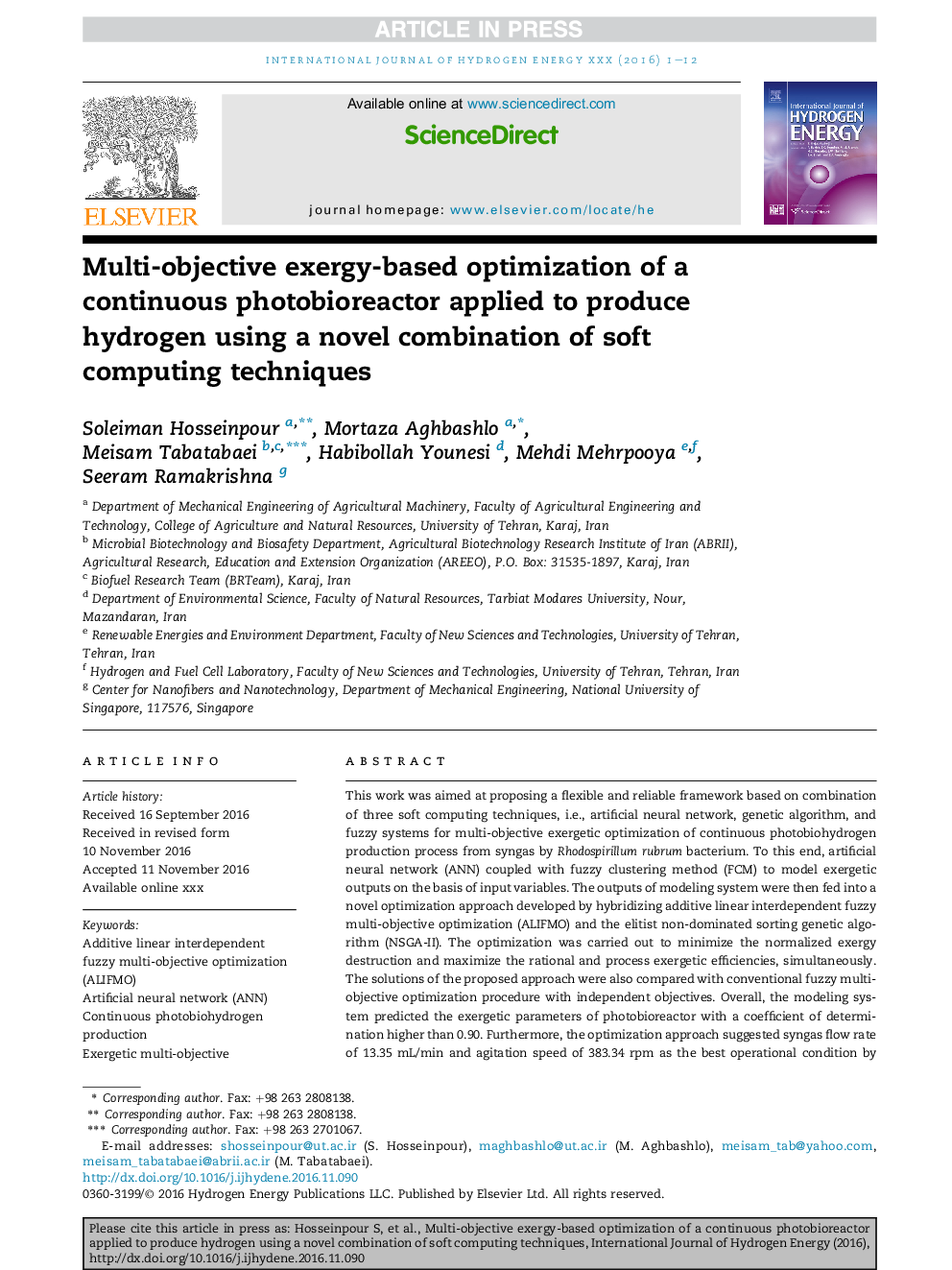 Multi-objective exergy-based optimization of a continuous photobioreactor applied to produce hydrogen using a novel combination of soft computing techniques