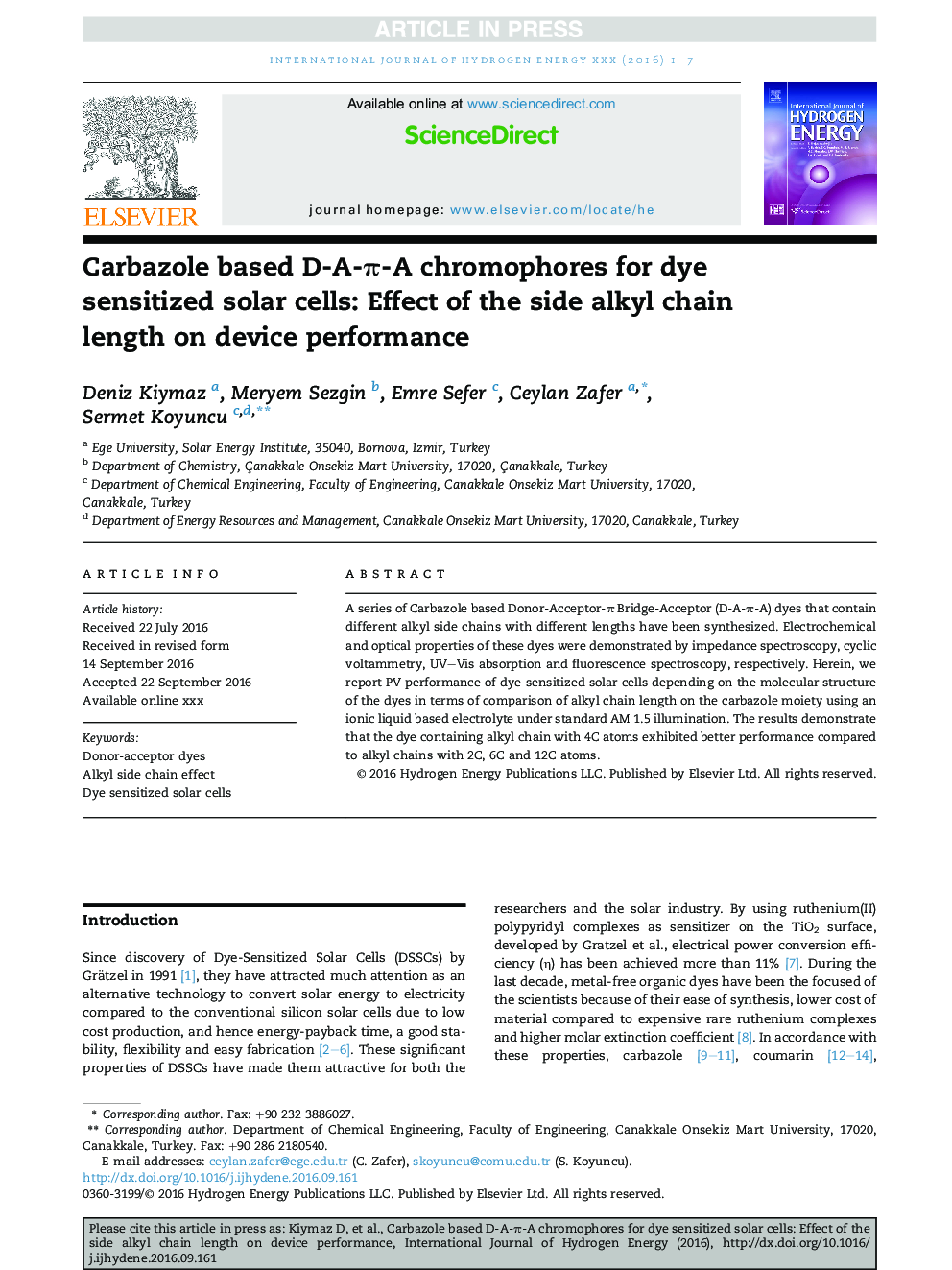 Carbazole based D-A-Ï-A chromophores for dye sensitized solar cells: Effect of the side alkyl chain length on device performance