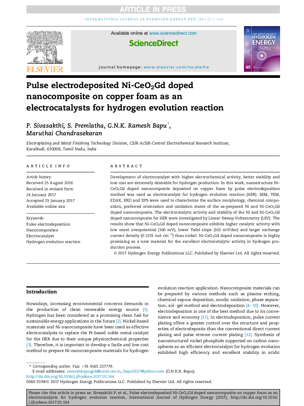 Pulse electrodeposited Ni-CeO2Gd doped nanocomposite on copper foam as an electrocatalysts for hydrogen evolution reaction