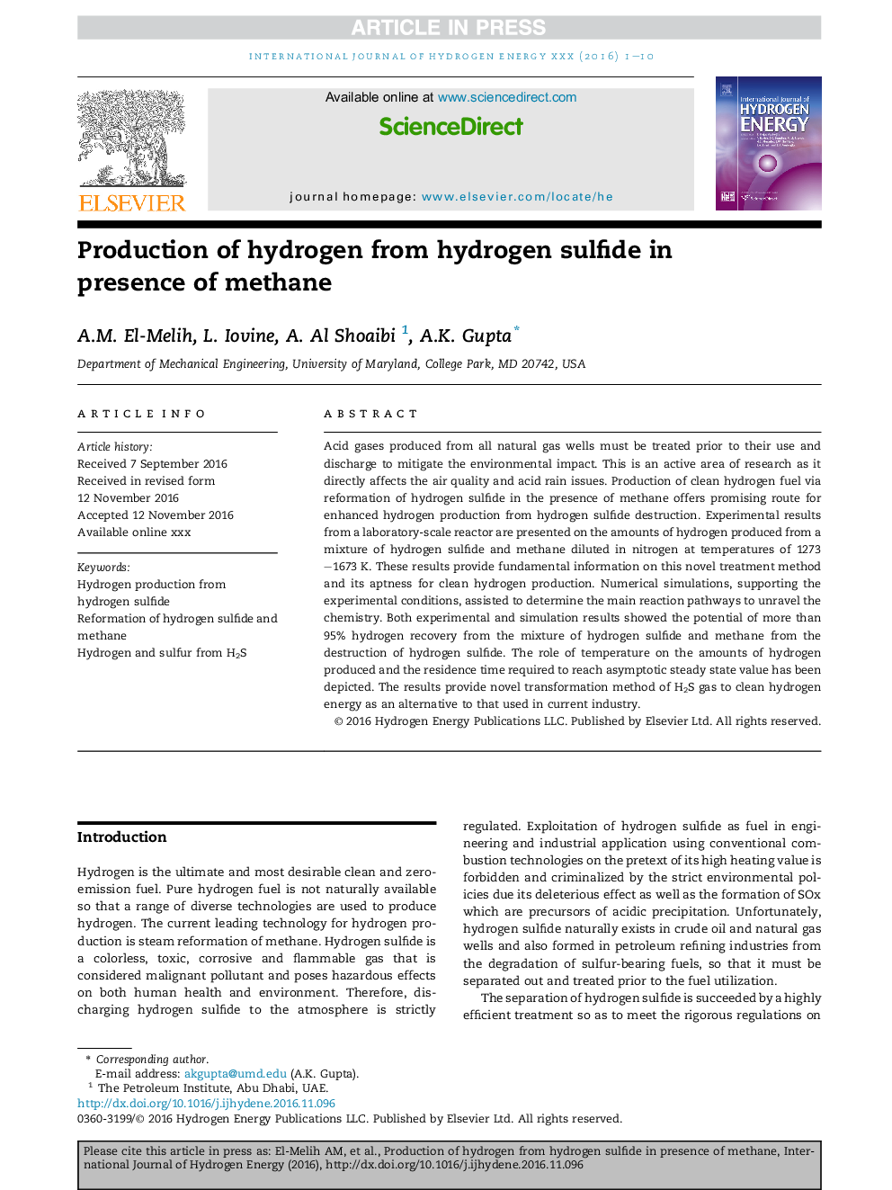 Production of hydrogen from hydrogen sulfide in presence of methane