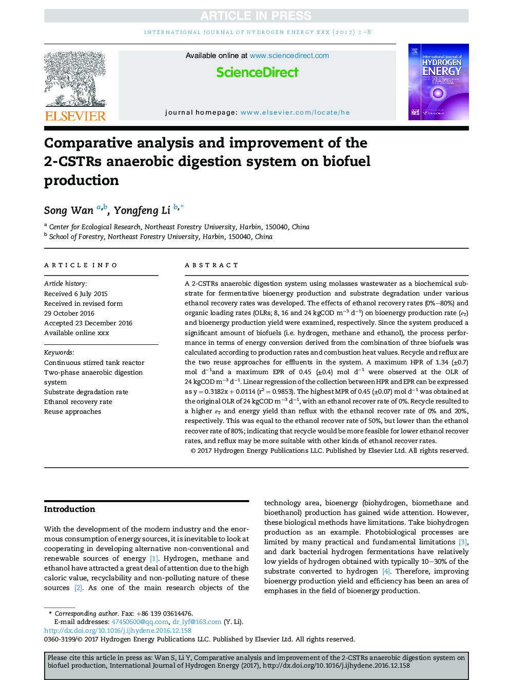 Comparative analysis and improvement of the 2-CSTRs anaerobic digestion system on biofuel production