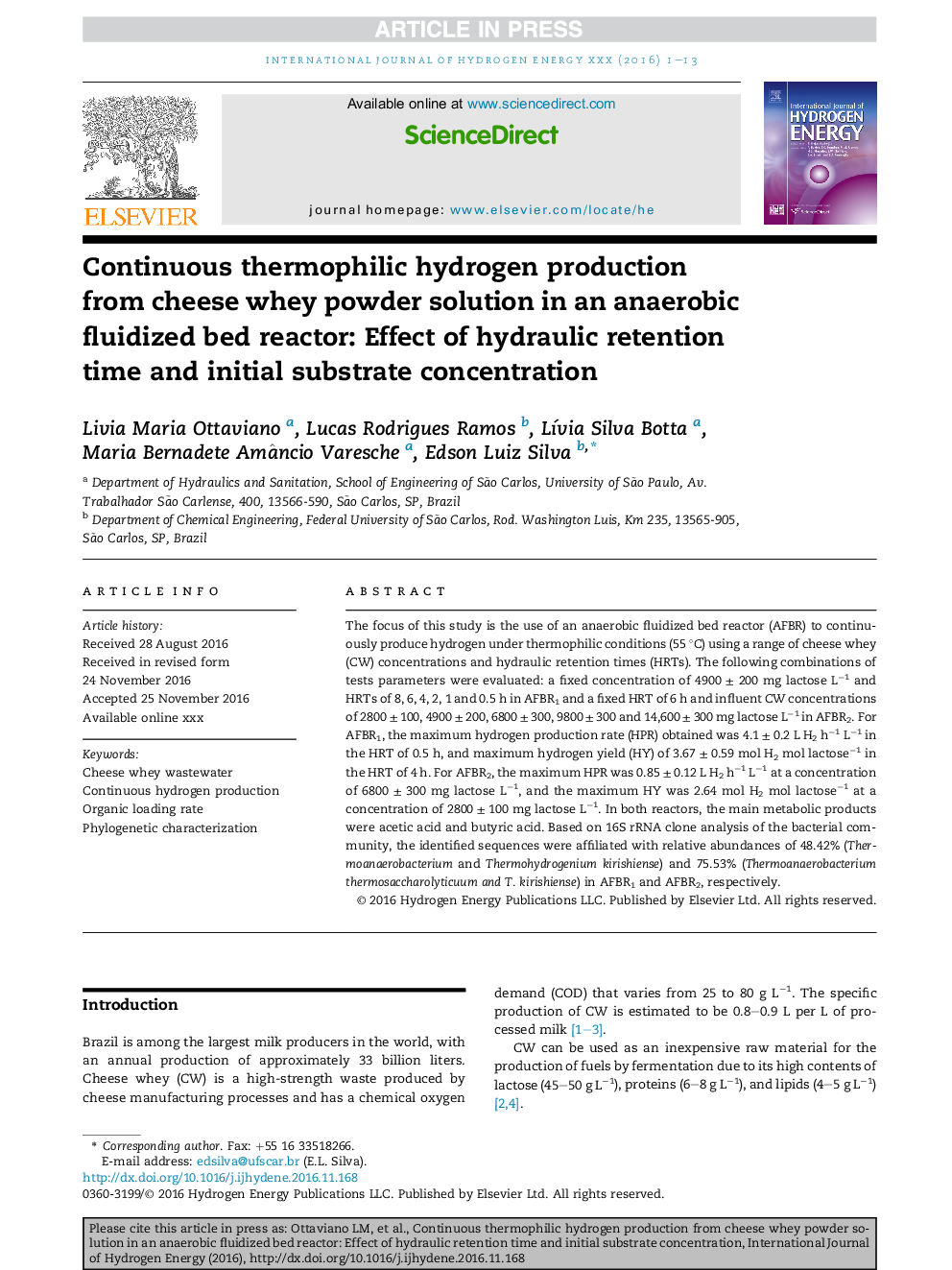 Continuous thermophilic hydrogen production from cheese whey powder solution in an anaerobic fluidized bed reactor: Effect of hydraulic retention time and initial substrate concentration