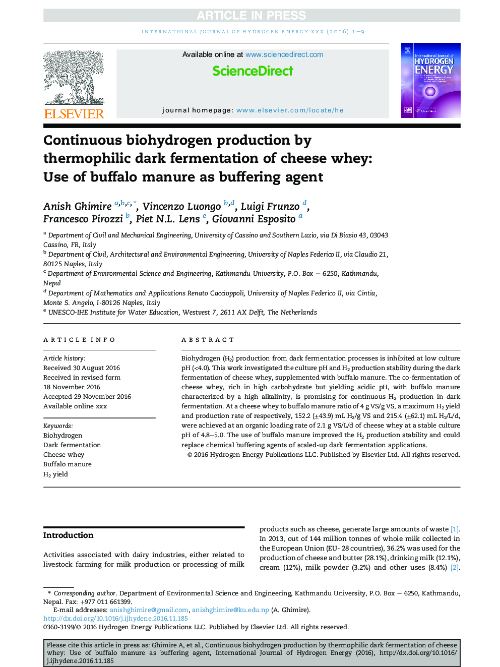 Continuous biohydrogen production by thermophilic dark fermentation of cheese whey: Use of buffalo manure as buffering agent
