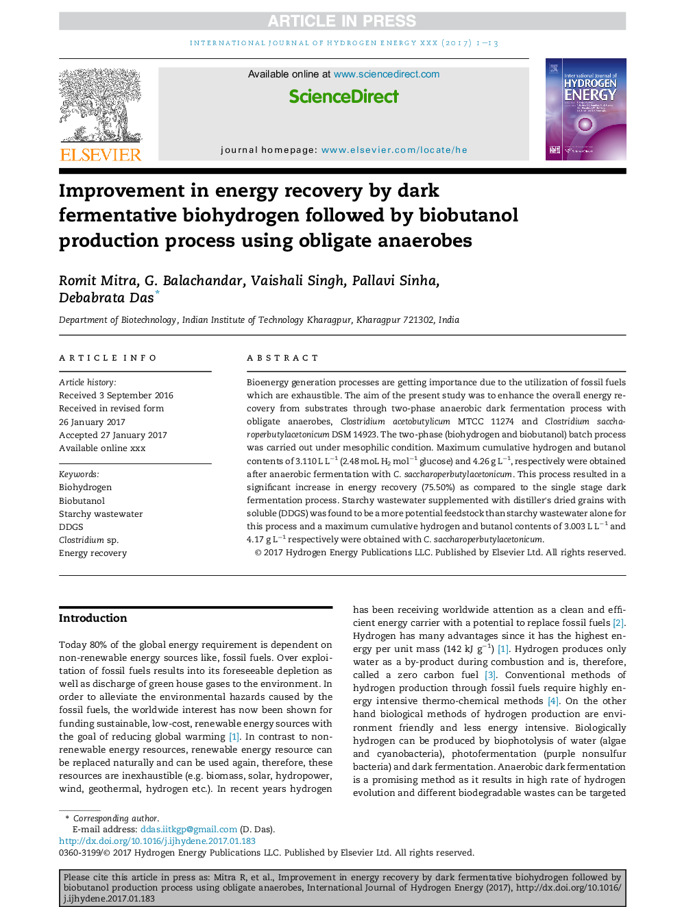 Improvement in energy recovery by dark fermentative biohydrogen followed by biobutanol production process using obligate anaerobes