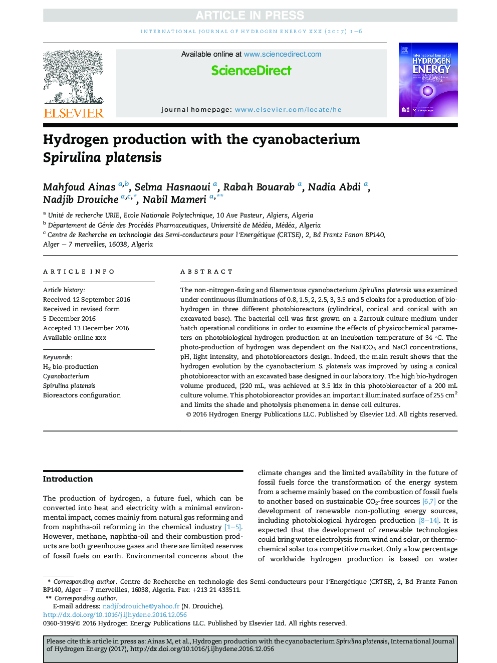 Hydrogen production with the cyanobacterium Spirulina platensis