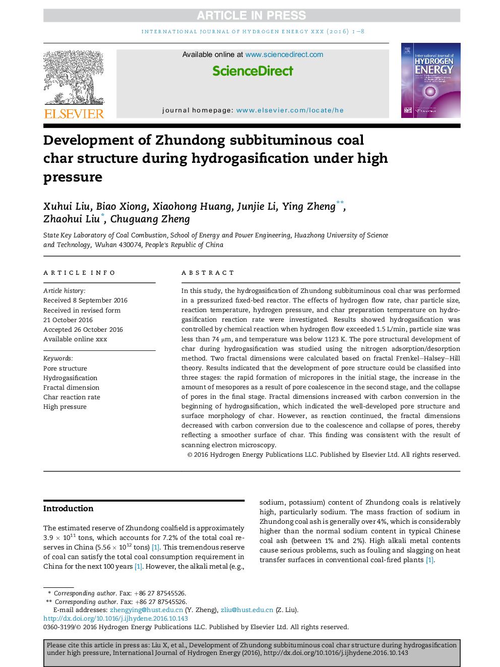 Development of Zhundong subbituminous coal char structure during hydrogasification under high pressure