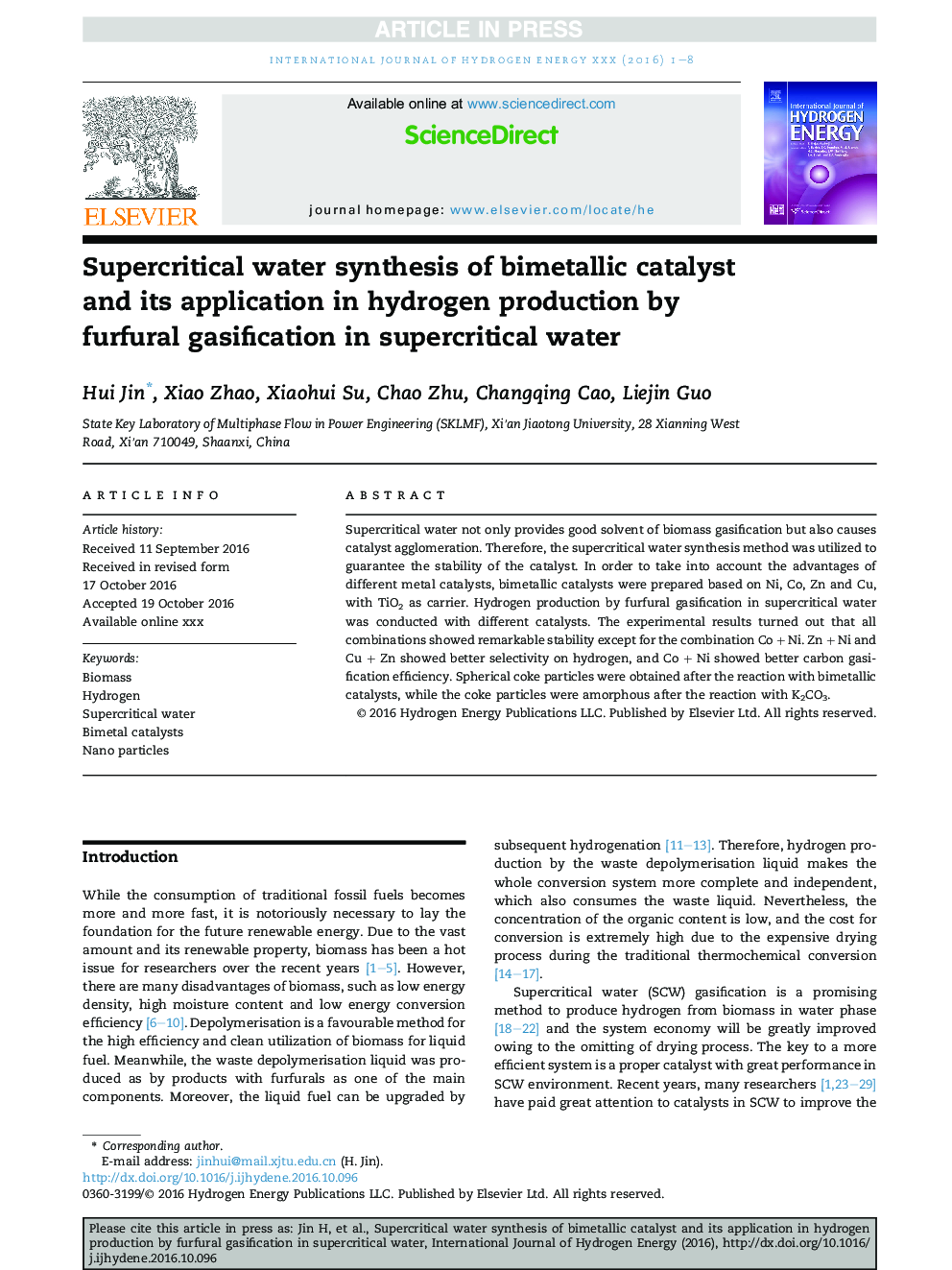 Supercritical water synthesis of bimetallic catalyst and its application in hydrogen production by furfural gasification in supercritical water