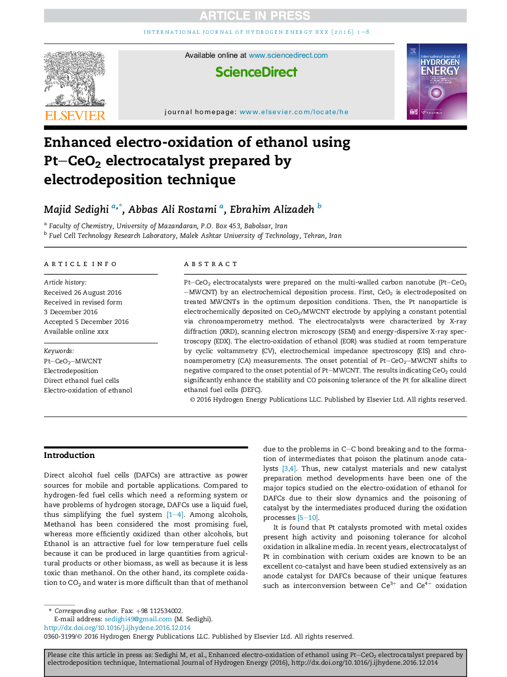 Enhanced electro-oxidation of ethanol using Pt-CeO2 electrocatalyst prepared by electrodeposition technique