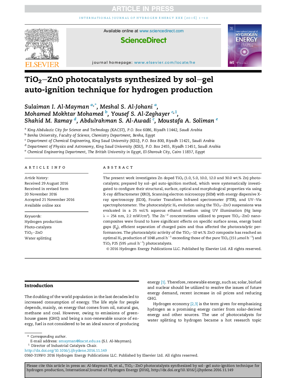 TiO2ZnO photocatalysts synthesized by sol-gel auto-ignition technique for hydrogen production