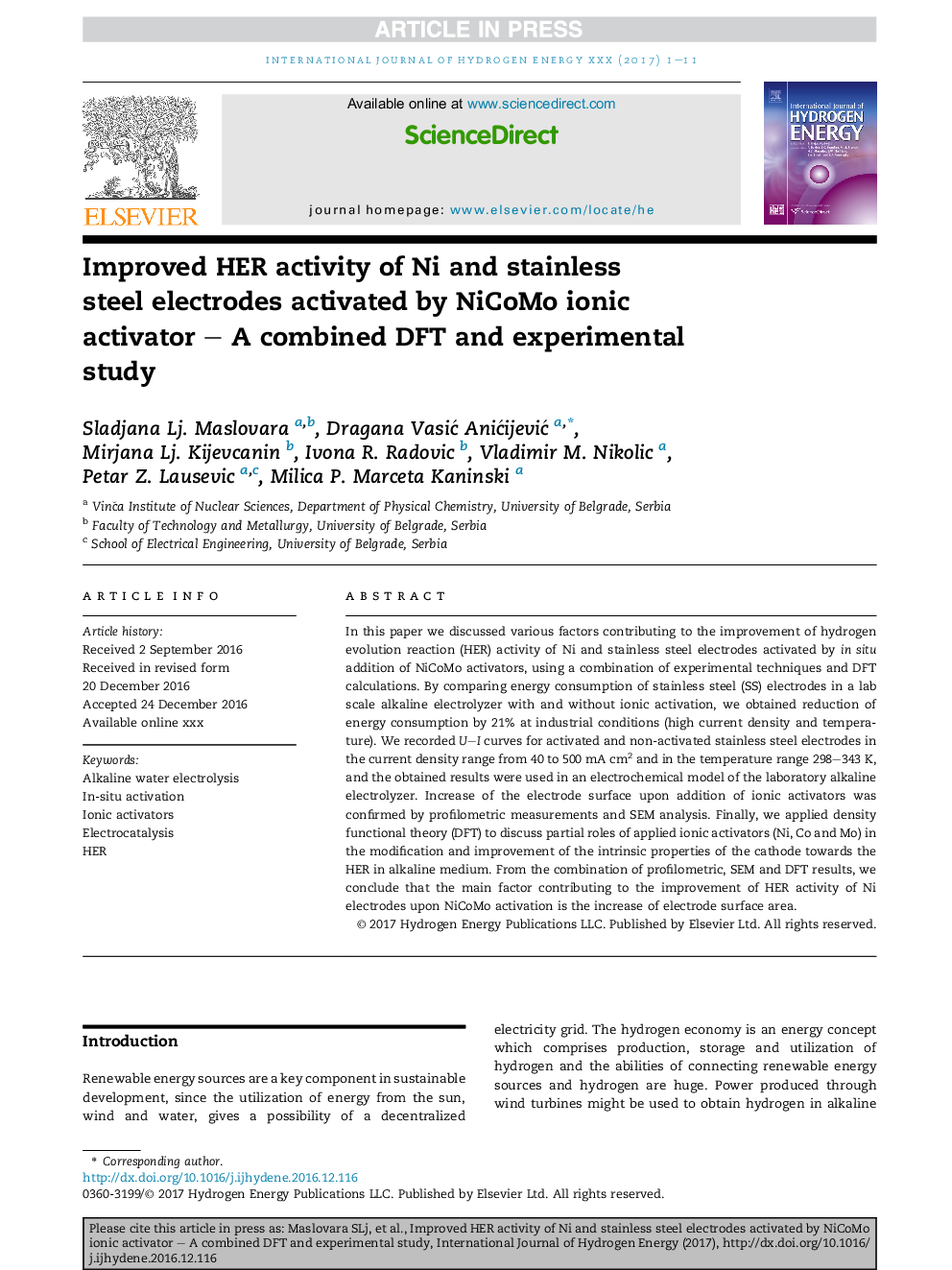 Improved HER activity of Ni and stainless steel electrodes activated by NiCoMo ionic activator - A combined DFT and experimental study