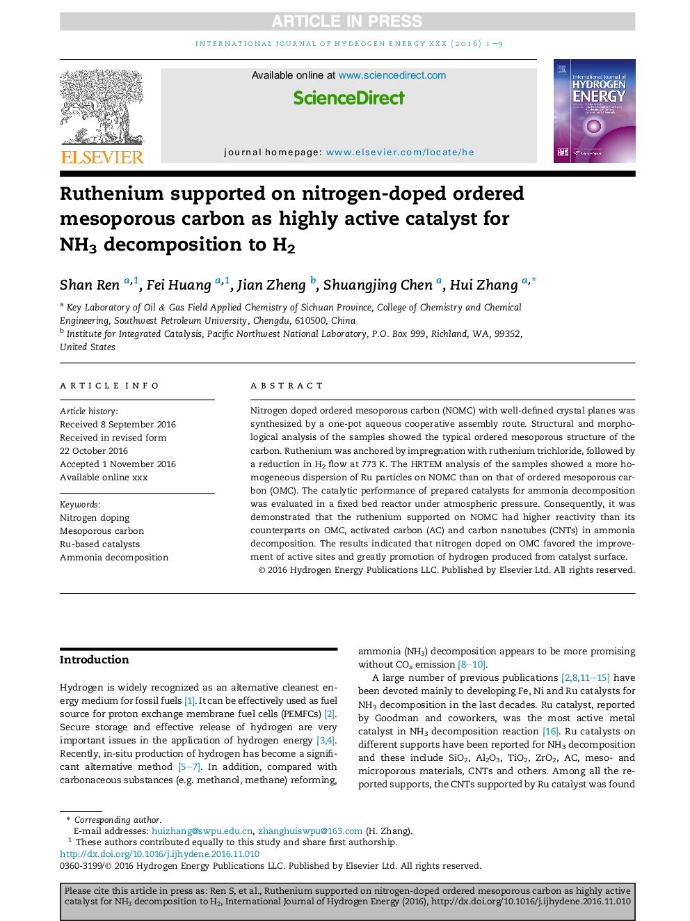 Ruthenium supported on nitrogen-doped ordered mesoporous carbon as highly active catalyst for NH3 decomposition to H2