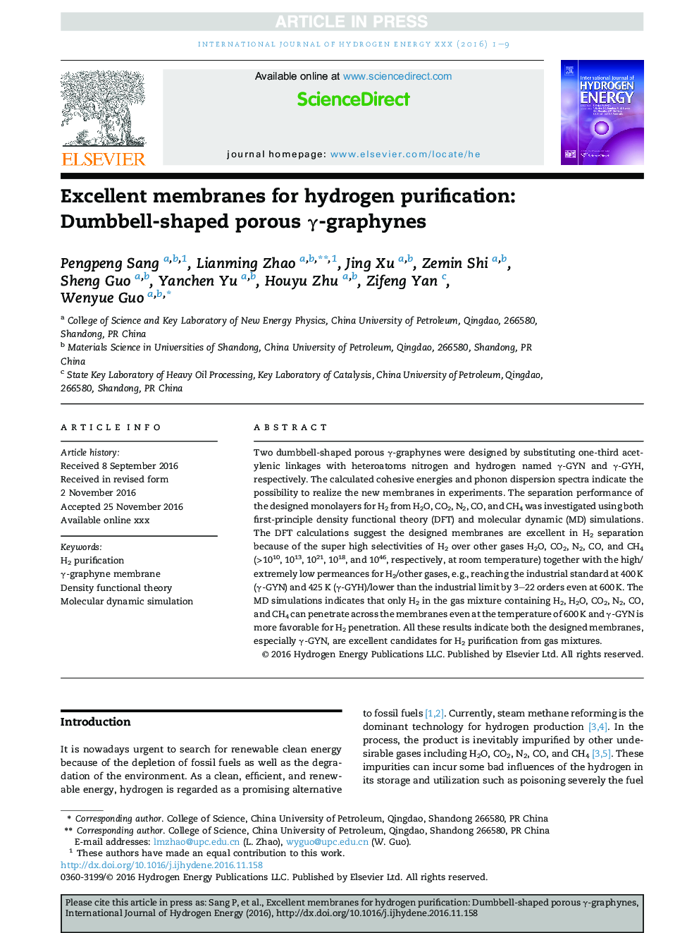 Excellent membranes for hydrogen purification: Dumbbell-shaped porous Î³-graphynes