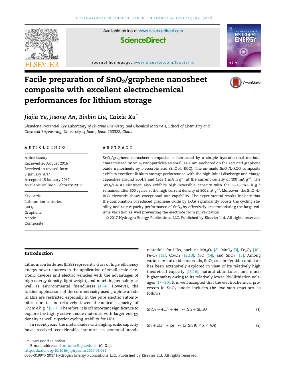 Facile preparation of SnO2/graphene nanosheet composite with excellent electrochemical performances for lithium storage