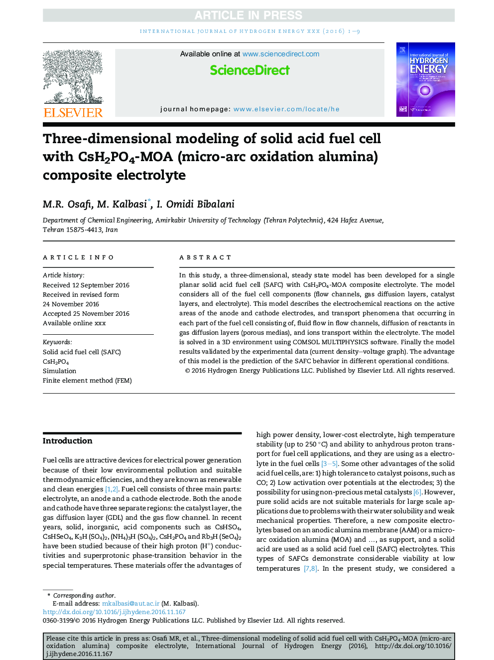 Three-dimensional modeling of solid acid fuel cell with CsH2PO4-MOA (micro-arc oxidation alumina) composite electrolyte