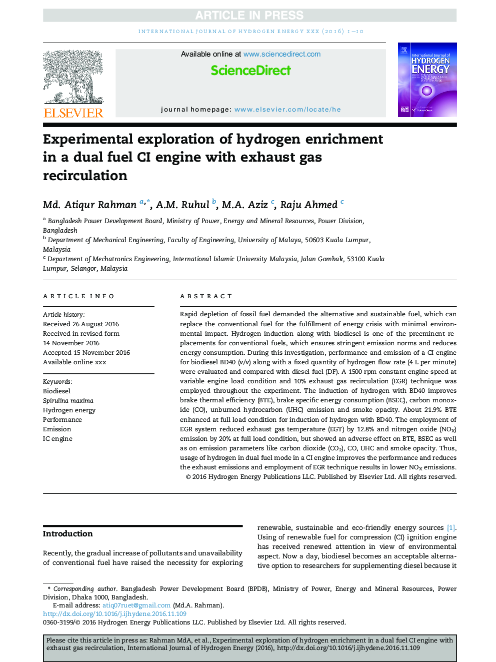 Experimental exploration of hydrogen enrichment in a dual fuel CI engine with exhaust gas recirculation