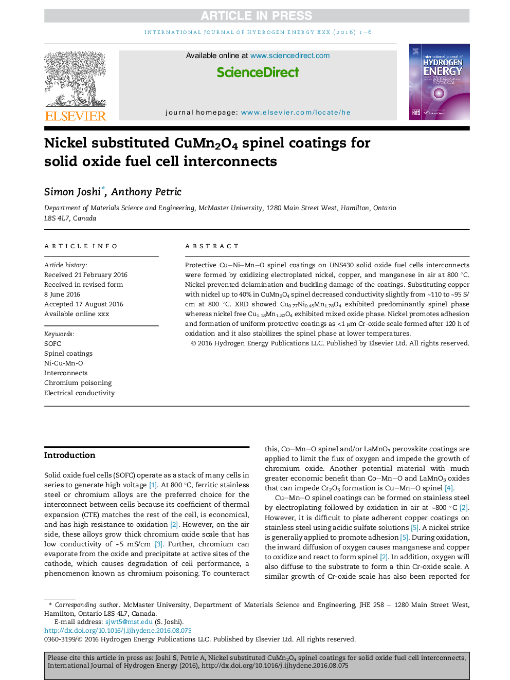 Nickel substituted CuMn2O4 spinel coatings for solid oxide fuel cell interconnects