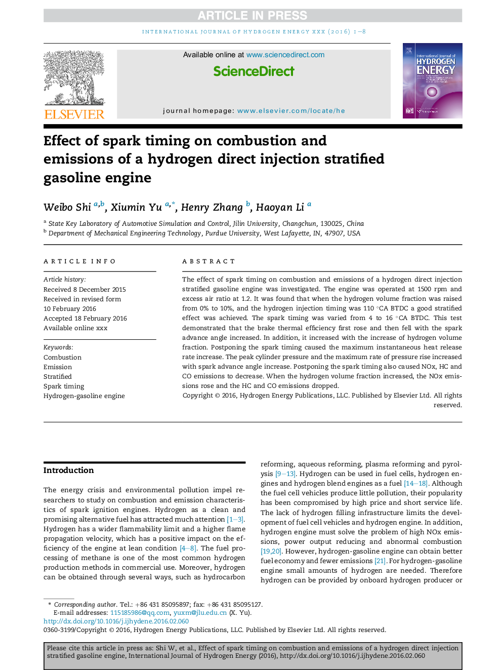 Effect of spark timing on combustion and emissions of a hydrogen direct injection stratified gasoline engine