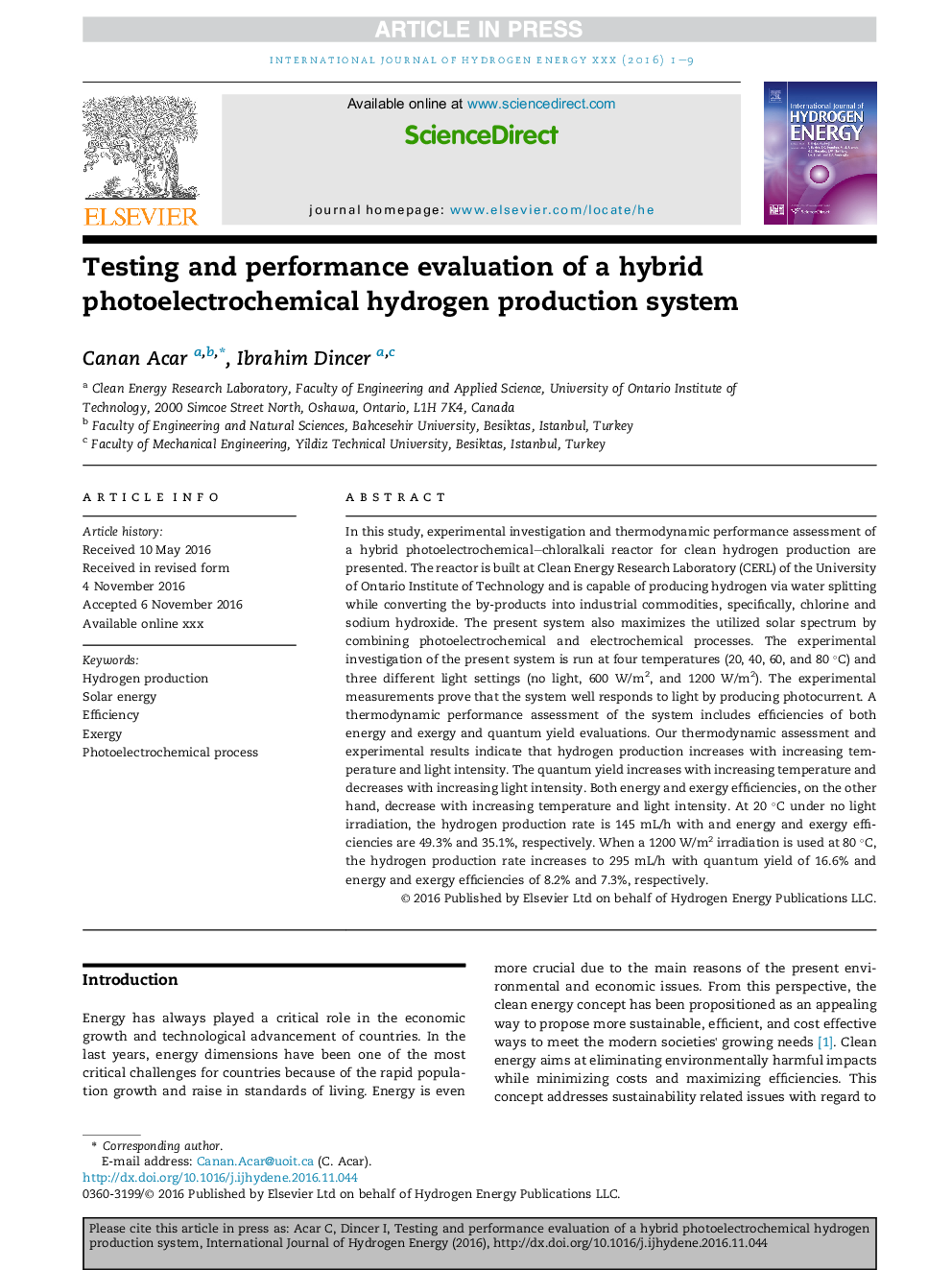 Testing and performance evaluation of a hybrid photoelectrochemical hydrogen production system