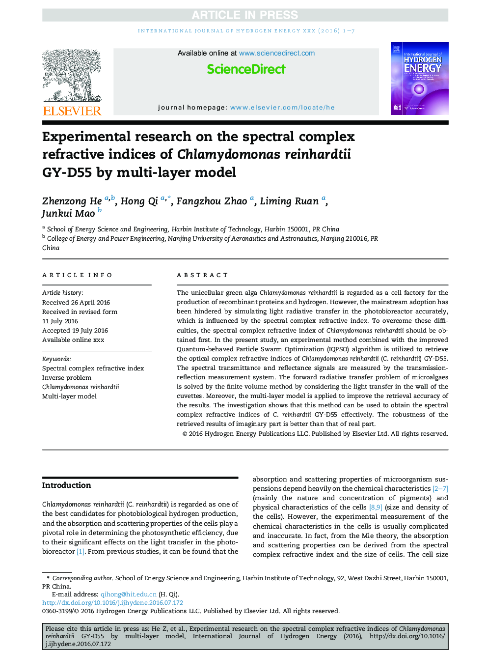 Experimental research on the spectral complex refractive indices of Chlamydomonas reinhardtii GY-D55 by multi-layer model